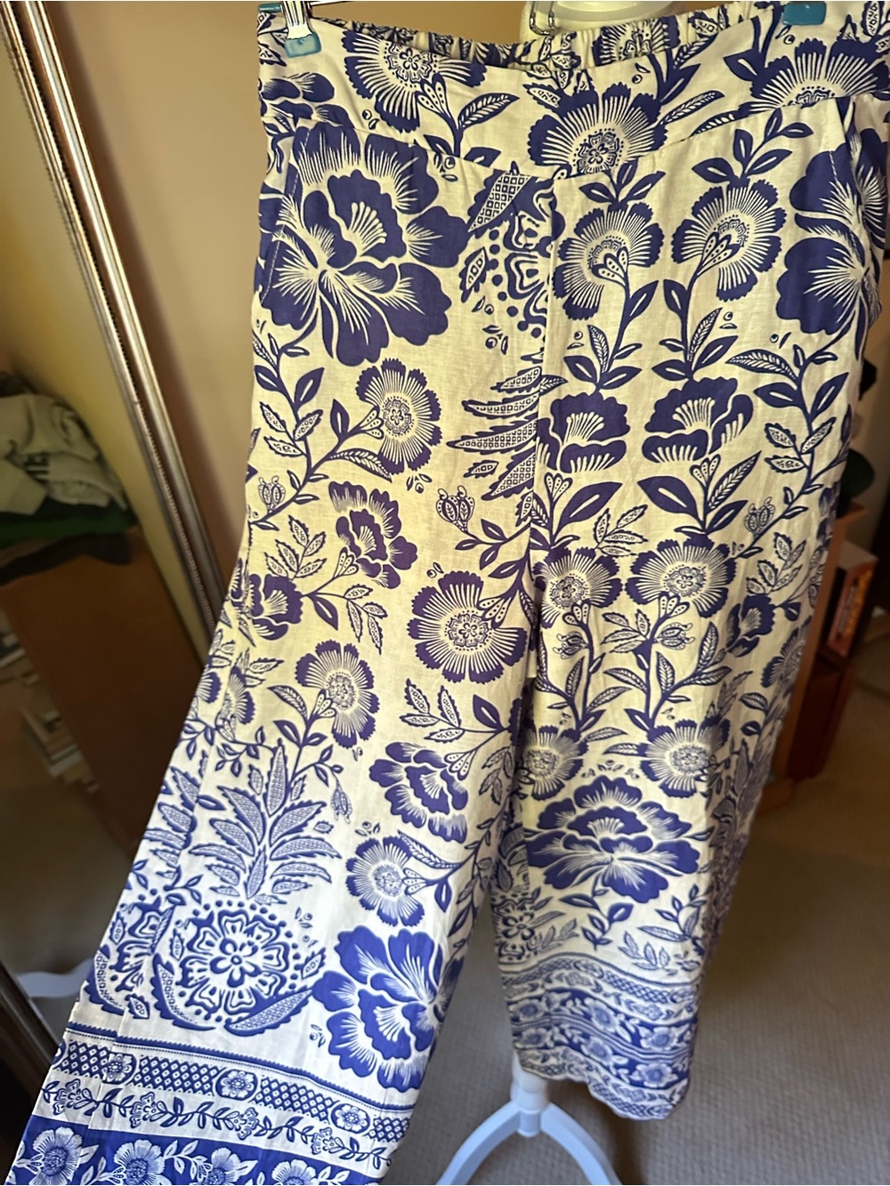 NWT Rachel Zoe Linen Blend Palazzo Pants Blue White Floral Coastal Boho Sz S - Picture 10 of 15